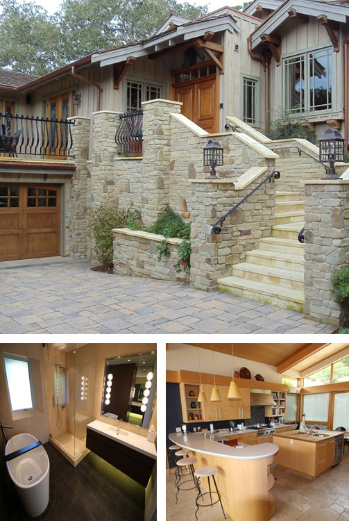 Stone-clad home with wood doors and wide stone stairs